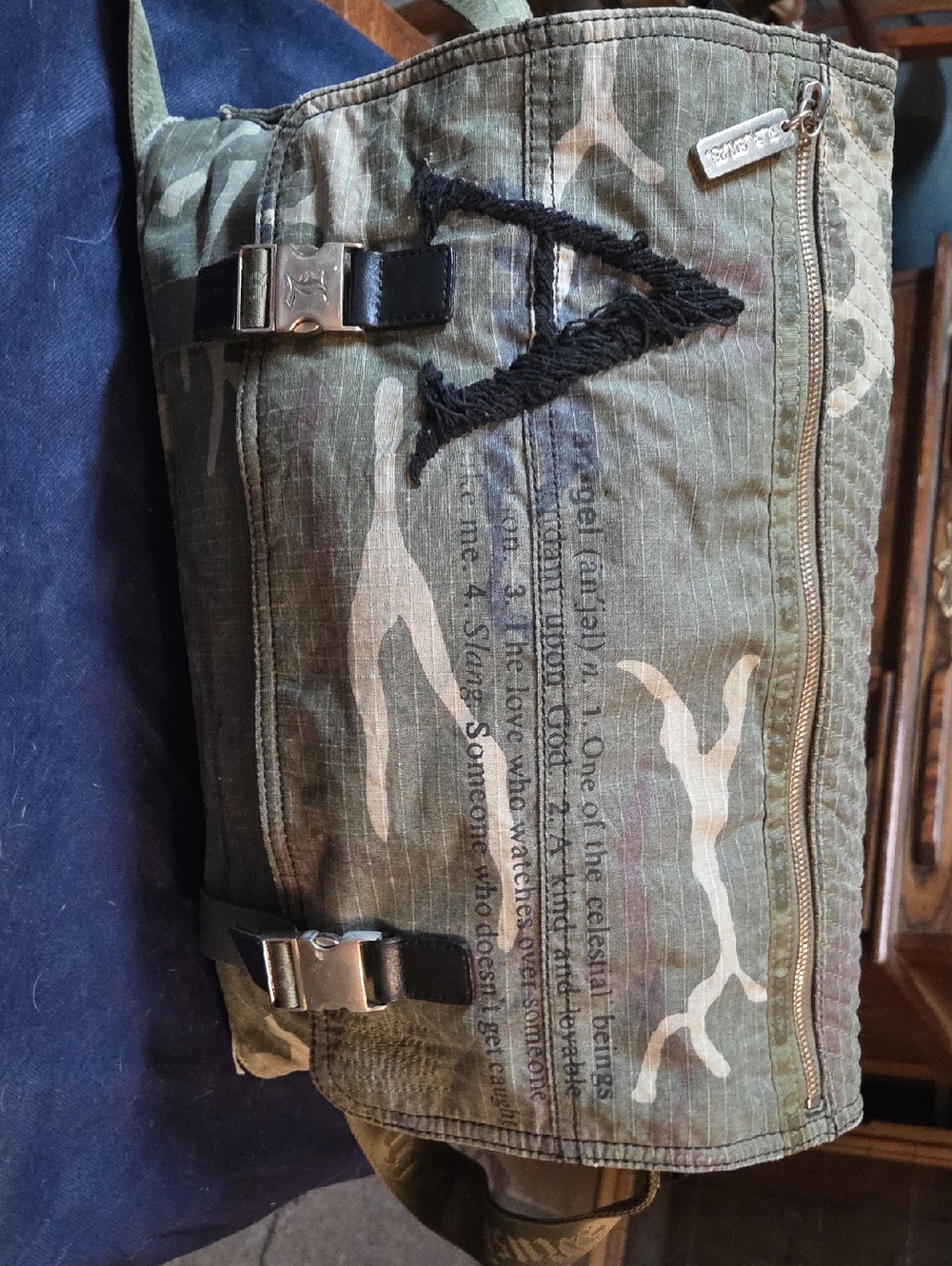 L.A.M.B. Camo Green Canvas Tote with Black Embroidery